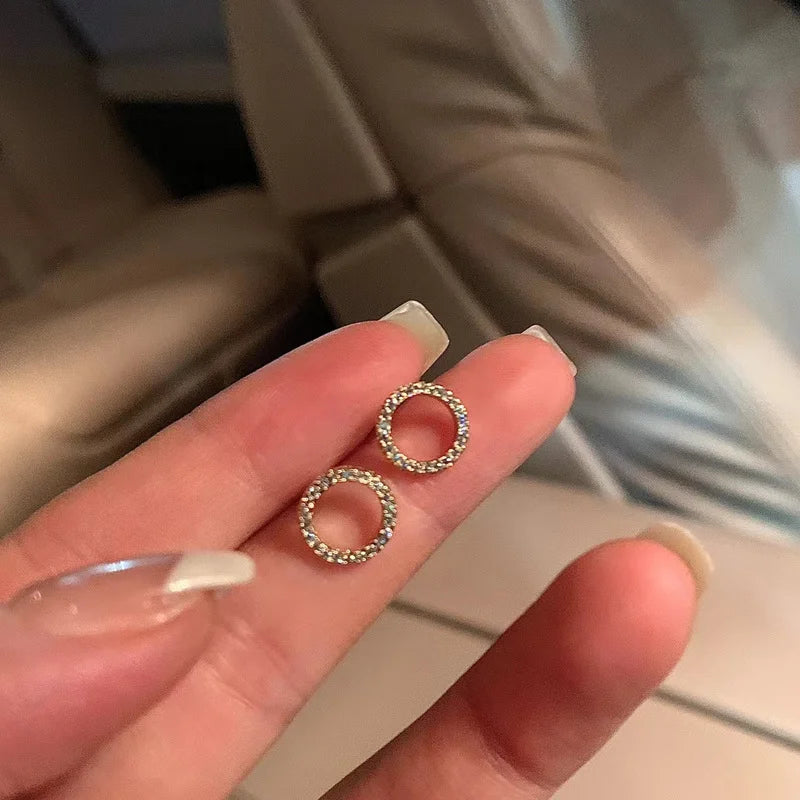 Simple Gold Color S925 Silver Needle Crystal Stud Earrings for women Fashion Jewelry Gift Small Circle Earrings